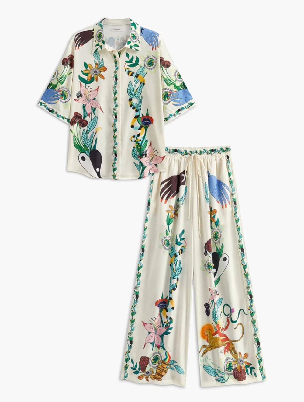 Commense Cream Satin Floral Print Pants Set L NWT Lounge Two Piece - Euro Resort